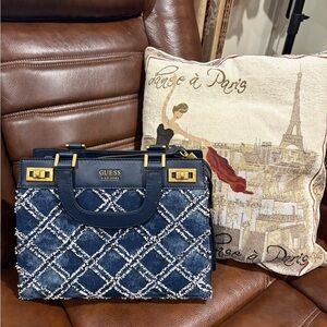 GUESS Navy Quilted Denim Satchel with Gold Accents
